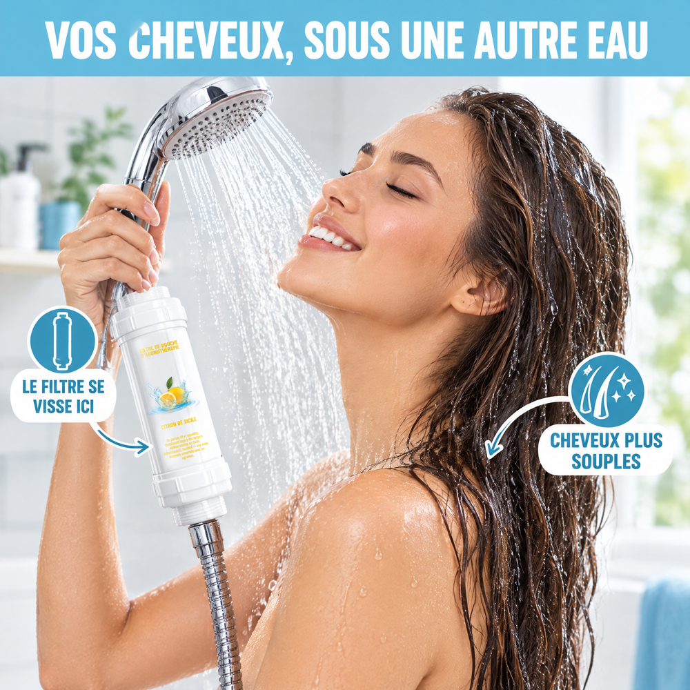 Le filtre MYSHOWR vissé sur le pommeau de douche