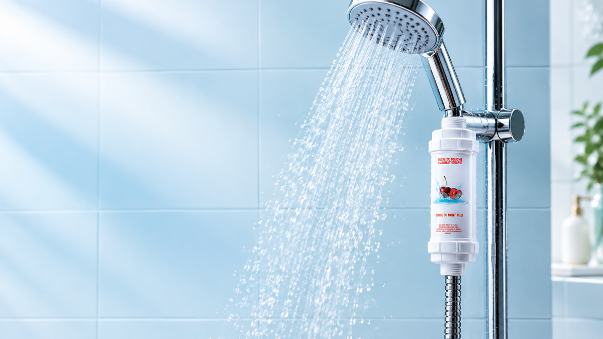 Filtre MYSHOWR installé sur une douche, eau qui coule